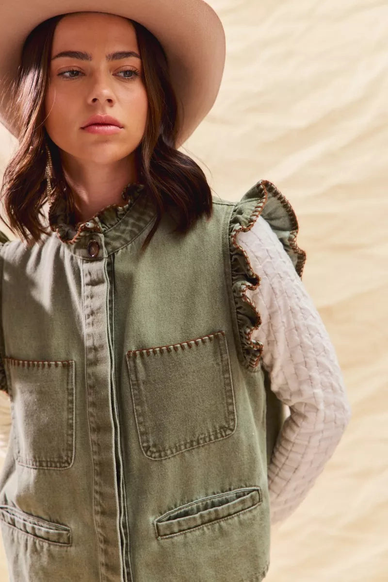 SO ME Washed Denim Stitch Ruffled Hidden Button Vest Top | Daverri Fashions