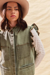 SO ME Washed Denim Stitch Ruffled Hidden Button Vest Top | Daverri Fashions