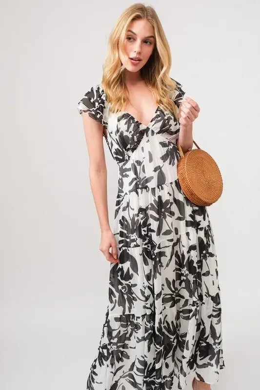 And The Why Ruffled Sleeve Tiered Floral Print Maxi Dress - DAVERRI FASHIONS