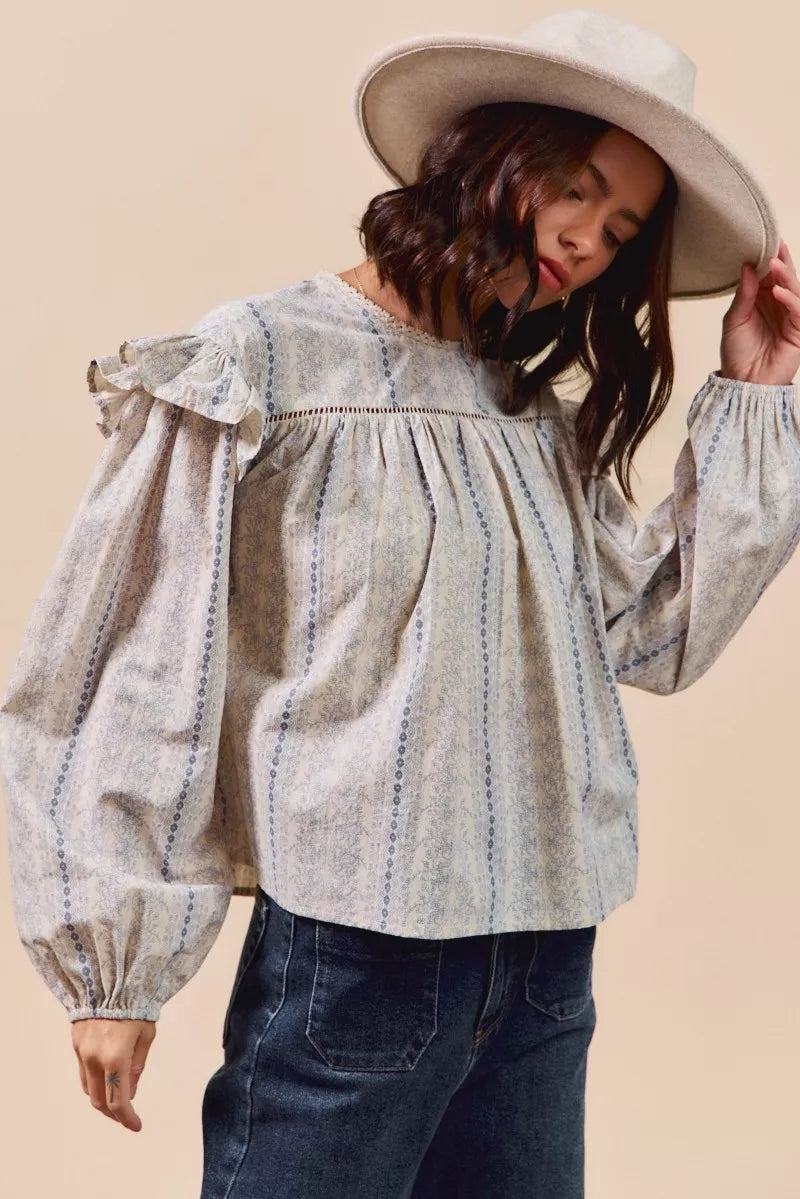 SO ME Floral Cotton Print Ruffled Long Sleeve Blouse | Daverri Fashions