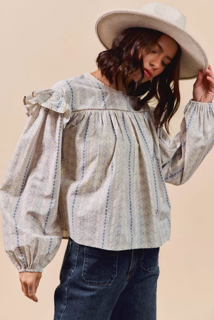 SO ME Floral Cotton Print Ruffled Long Sleeve Blouse | Daverri Fashions