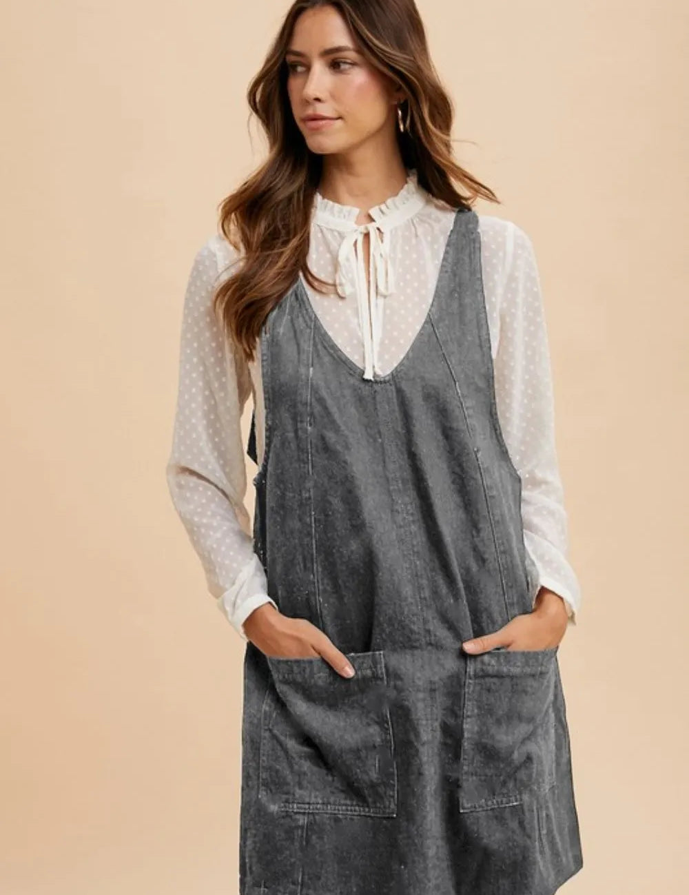 Charcoal Annie Wear V-Neck Adjustable Strap Denim Overall Dress with Pockets | Daverri Fashions