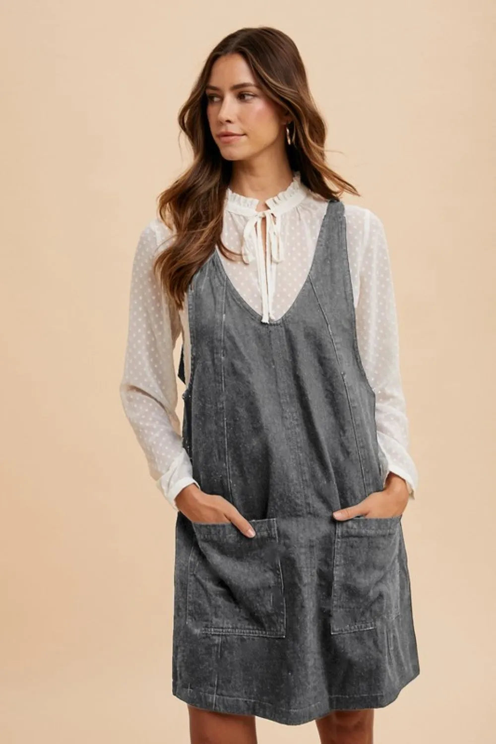 Annie Wear V-Neck Adjustable Strap Denim Overall Dress with Pockets Charcoal