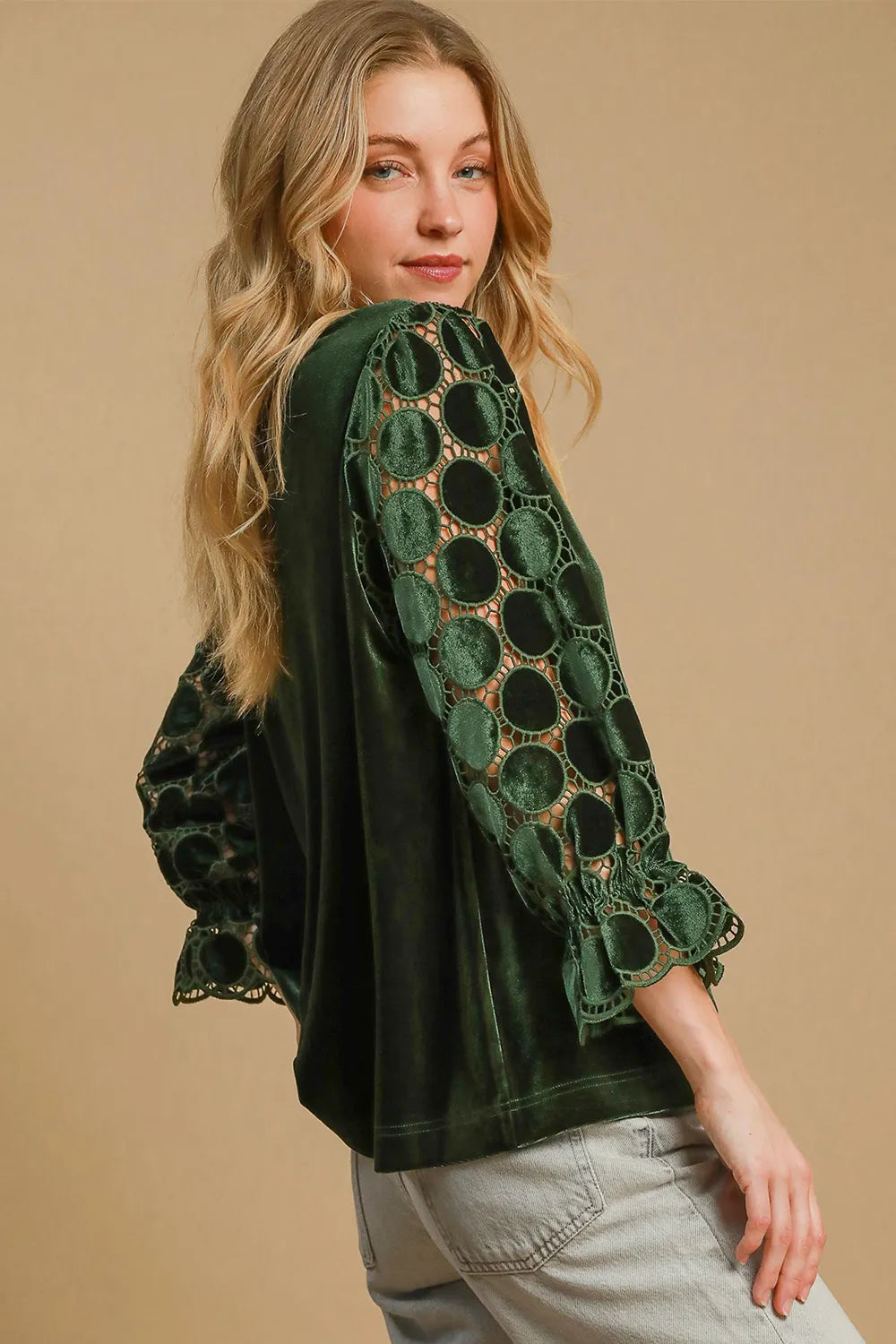 Umgee Polka Dot Lace Long Sleeve Round Neck Blouse | Blouses Daverri Fashions
