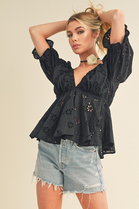 Aemi + Co Eyelet Embroidered V-Neck Half Sleeve Peplum Blouse Black Blouses