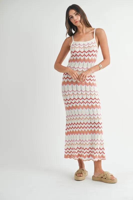 MABLE Lightweight Pointelle Chevron Knit Maxi Dress Maxi Dresses