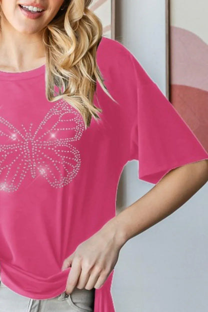Heimish Rhinestone Butterfly Round Neck Short Sleeve T-Shirt - DAVERRI FASHIONS