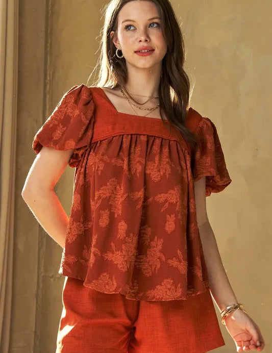Persimmon Davi & Dani Nature Printed Square Neck Puff Sleeve Blouse | Daverri Fashions