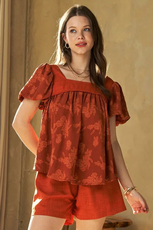 Davi & Dani Nature Printed Square Neck Puff Sleeve Blouse Persimmon