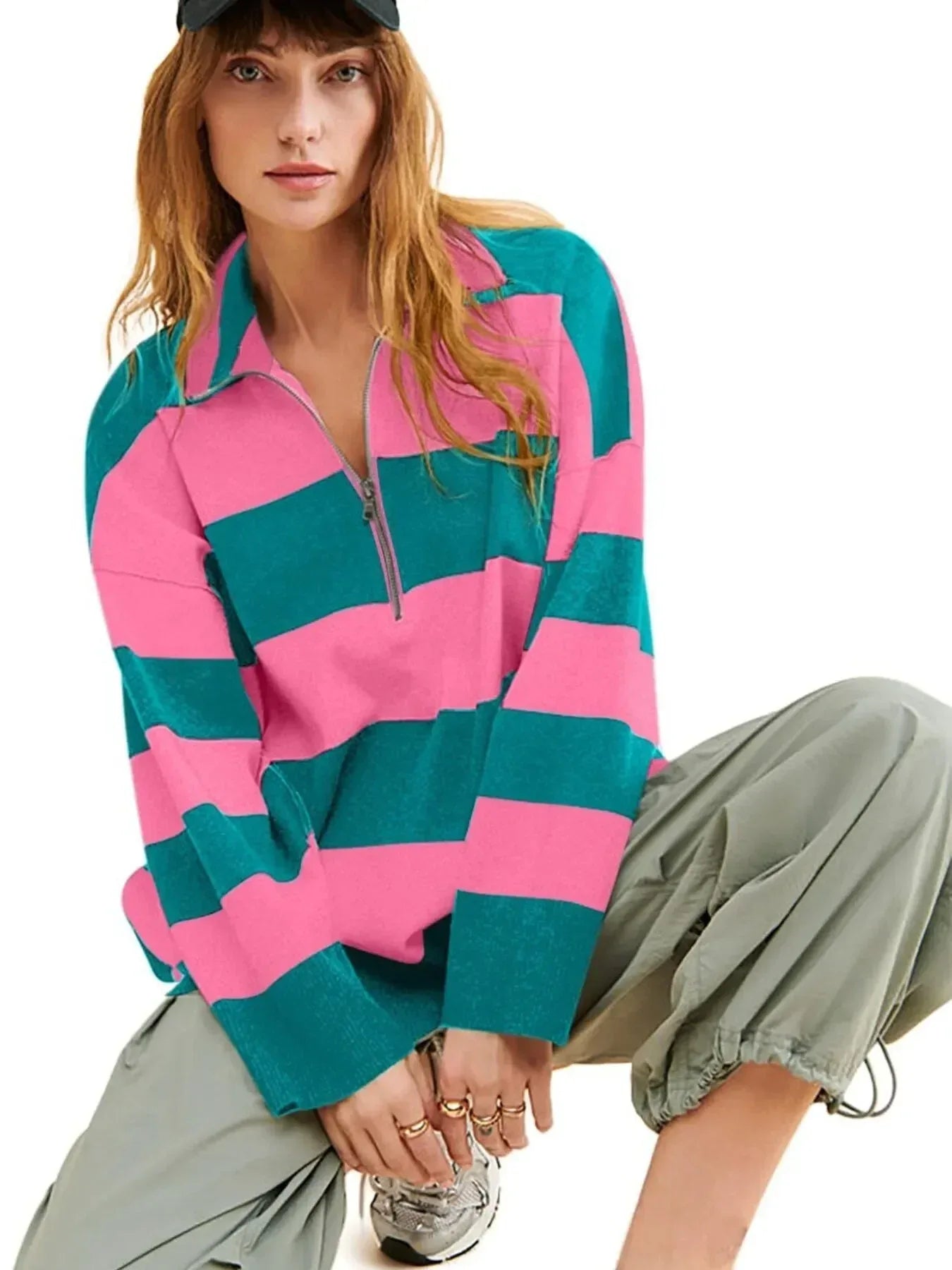 Striped Half-Zip Oversized Sweatshirt - DAVERRI FASHIONS