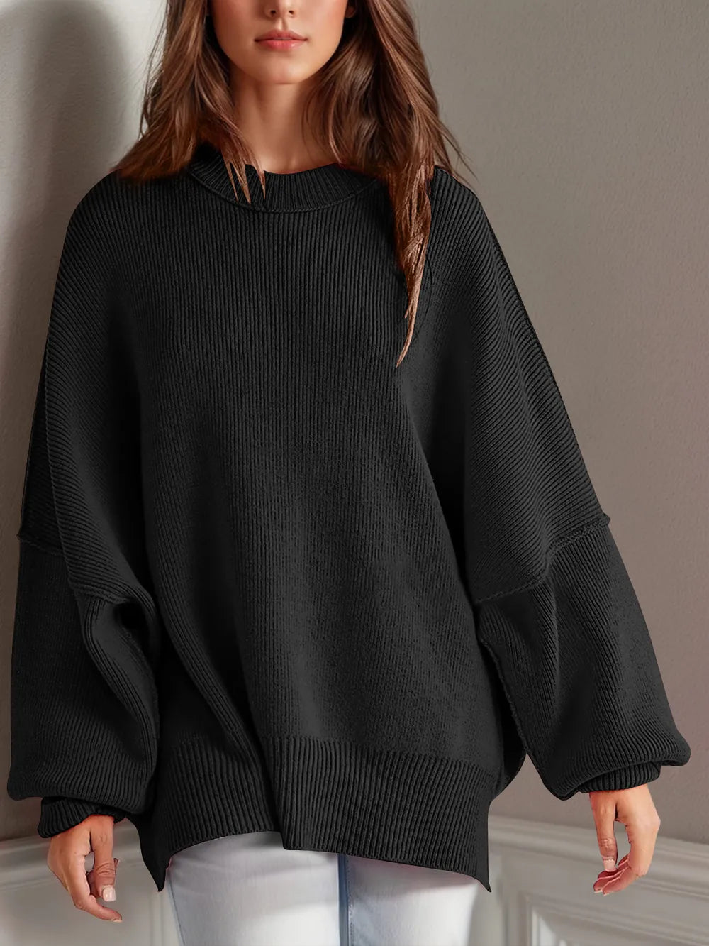 Side Slit Round Neck Long Sleeve Sweater | Sweaters Daverri Fashions
