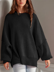 Side Slit Round Neck Long Sleeve Sweater | Sweaters Daverri Fashions