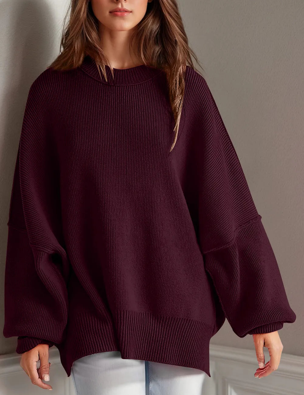 Burgundy Side Slit Round Neck Long Sleeve Sweater | Sweaters Daverri Fashions