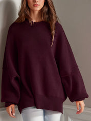 Burgundy Side Slit Round Neck Long Sleeve Sweater | Sweaters Daverri Fashions