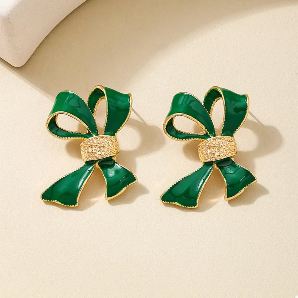 Dark Green onesize 18K Gold-Plated Bow Earrings | Earrings Daverri Fashions