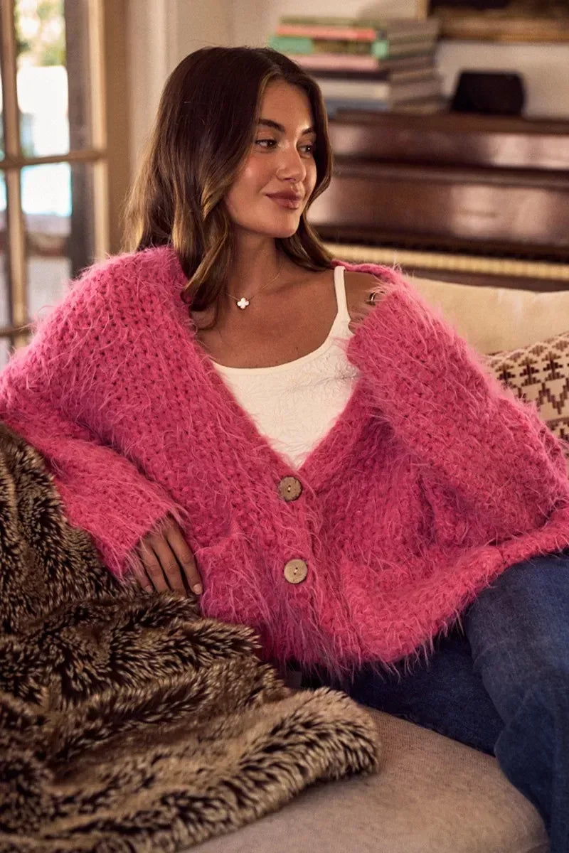 SO ME Soft Touch Hairy Loose Fit Cozy Sweater Cardigan - DAVERRI FASHIONS