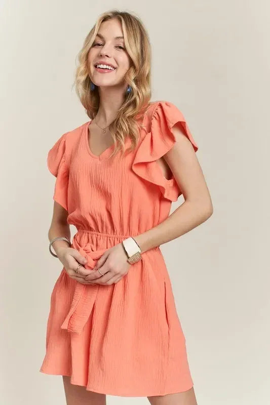 ADORA Ruffle Sleeves Romper with Pockets - DAVERRI FASHIONS