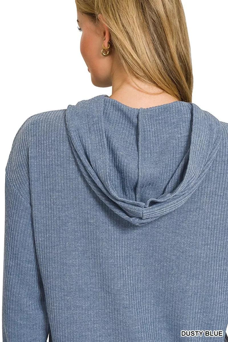 Ribbed Long Sleeve Hoodie Dusty Blue - DAVERRI FASHIONS