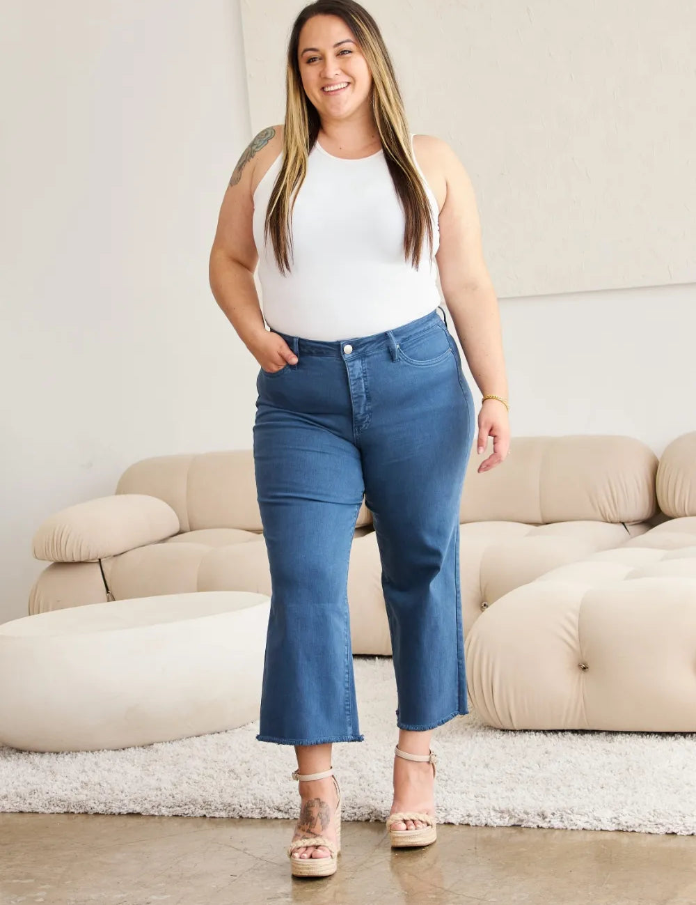 Blue Slate RFM Crop Chloe Tummy Control High Waist Raw Hem Jeans | Jeans Daverri Fashions