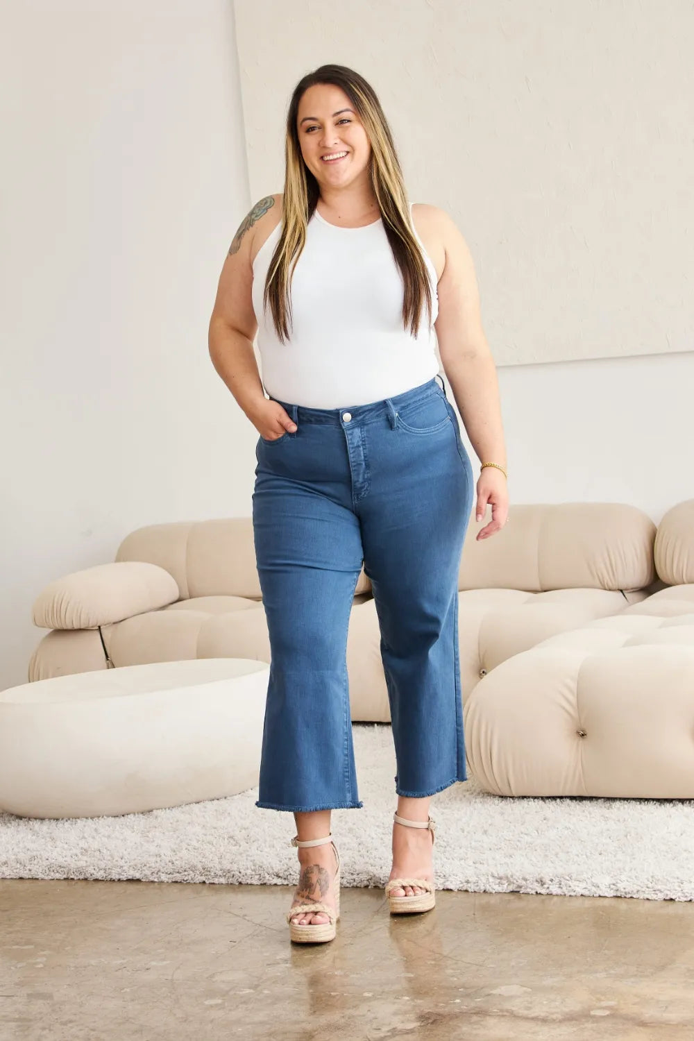 RFM Crop Chloe Tummy Control High Waist Raw Hem Jeans Blue Slate Jeans