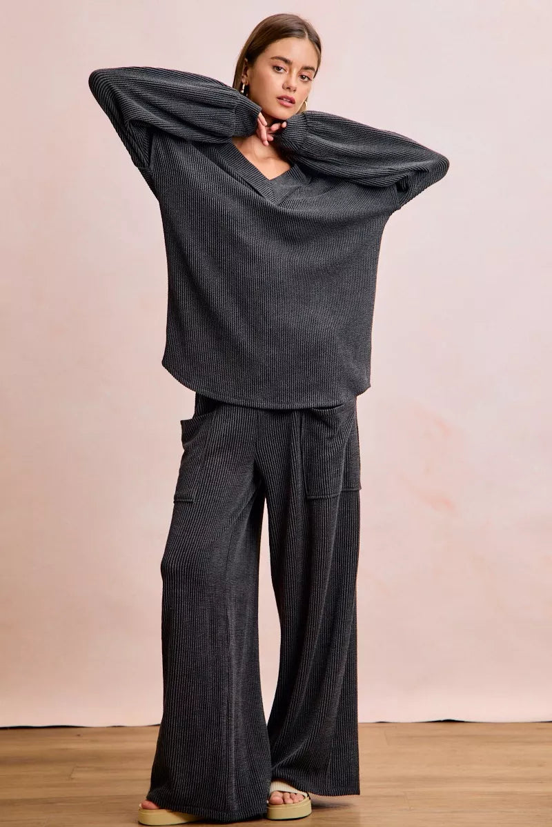 BiBi two-tone cord rib V-neck top and wide-leg pants set in dark gray knit