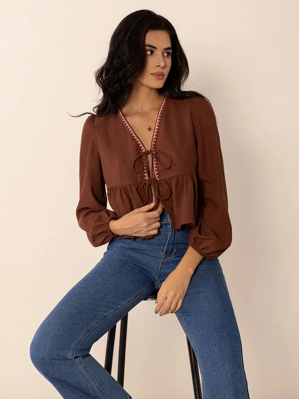 Peplum Tied V-Neck Long Sleeve Blouse | Blouses Daverri Fashions