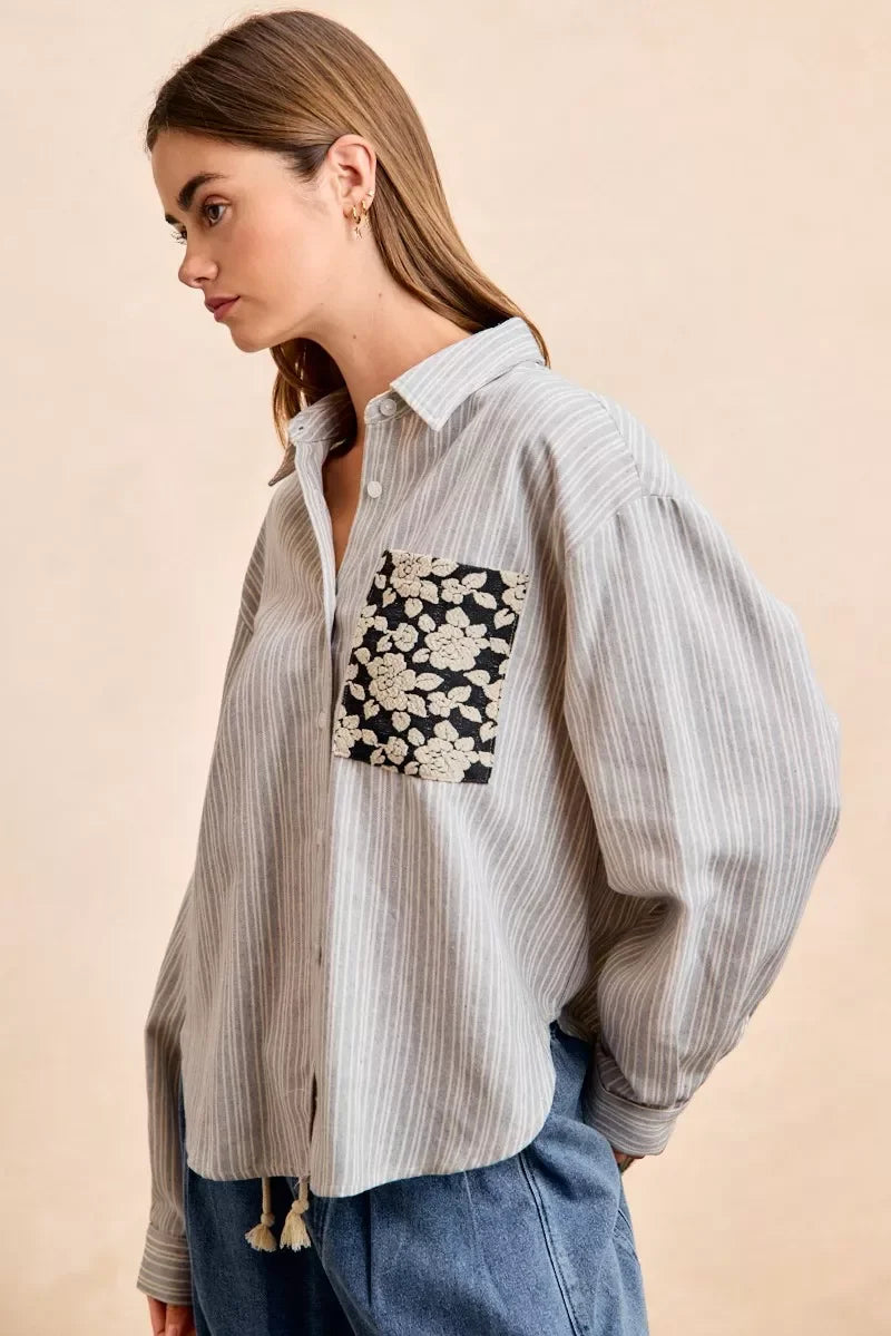 BiBi Flower Jacquard Knit Patch Pocket Stripe Shirt in light gray