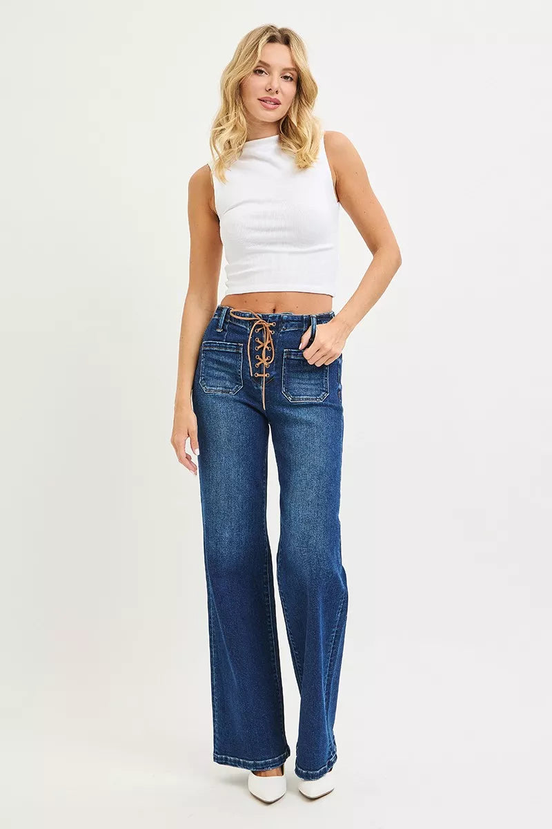 RISEN Full Size High Rise Wide Leg Jeans with Front Tie Detail Plus Size | Jeans Daverri Fashions