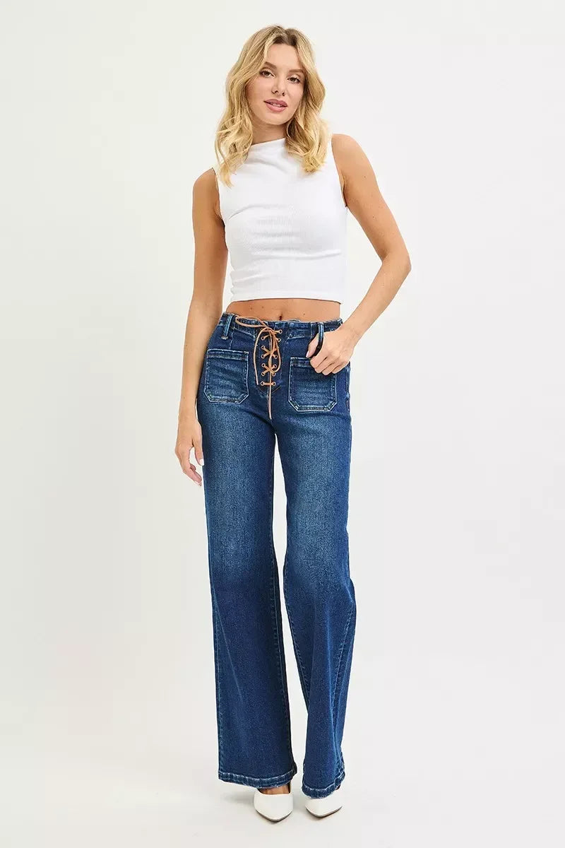 RISEN Full Size High Rise Wide Leg Jeans with Front Tie Detail Plus Size - DAVERRI FASHIONS