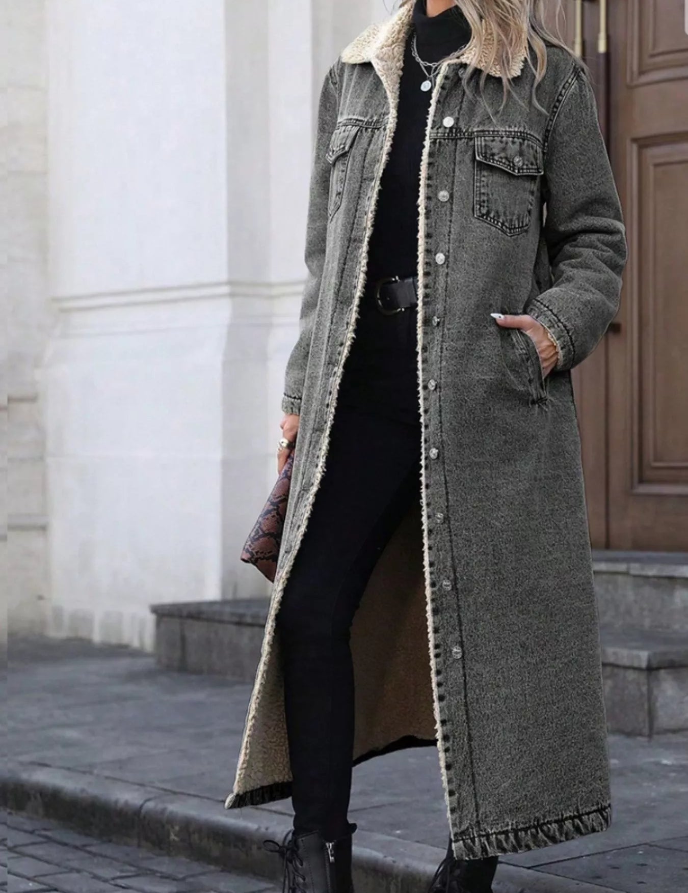 Sherpa-lined longline denim jacket in olive green with button closure