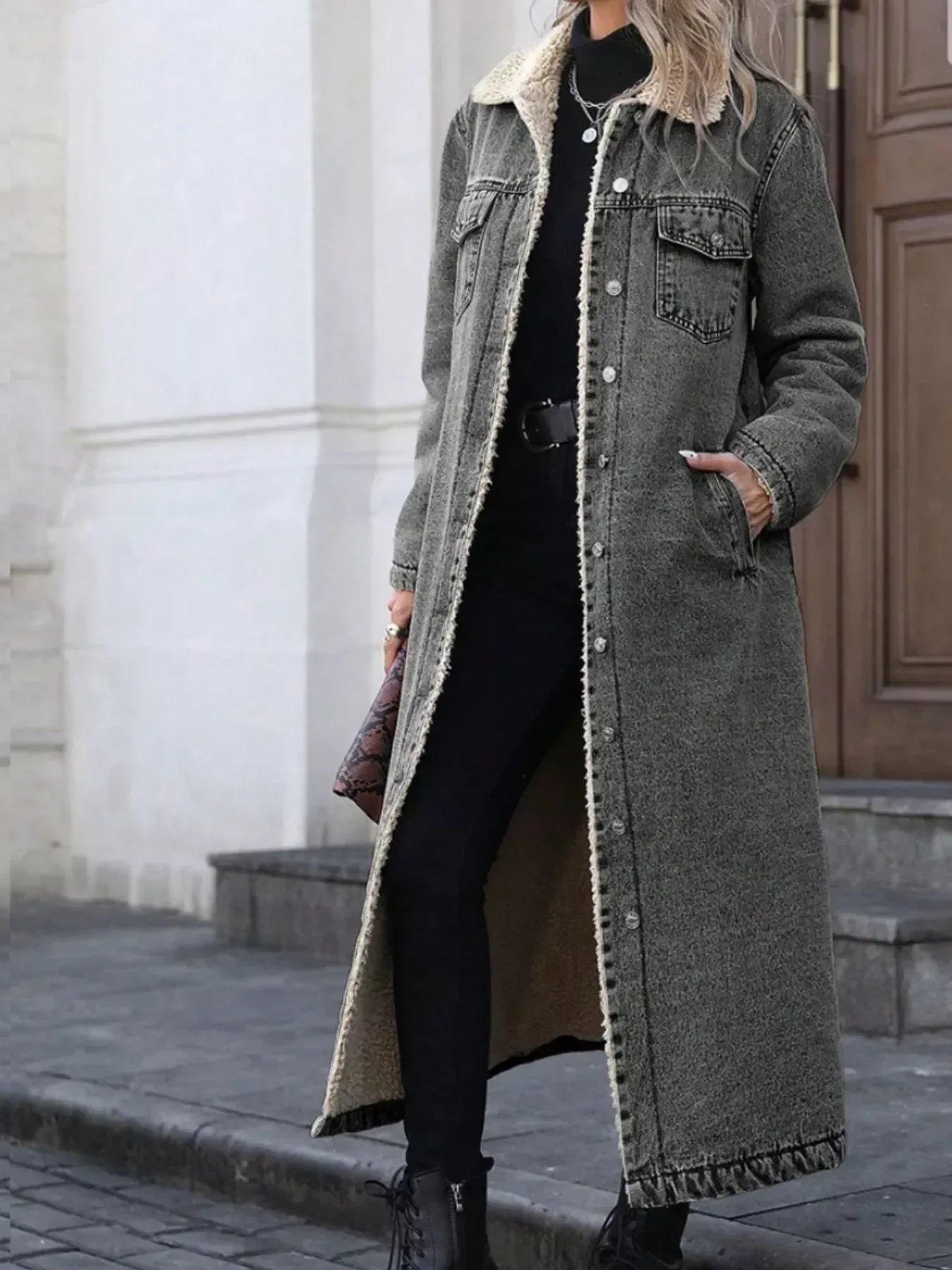 Daverri Fashions Sherpa Lined Longline Denim Jacket - DAVERRI FASHIONS