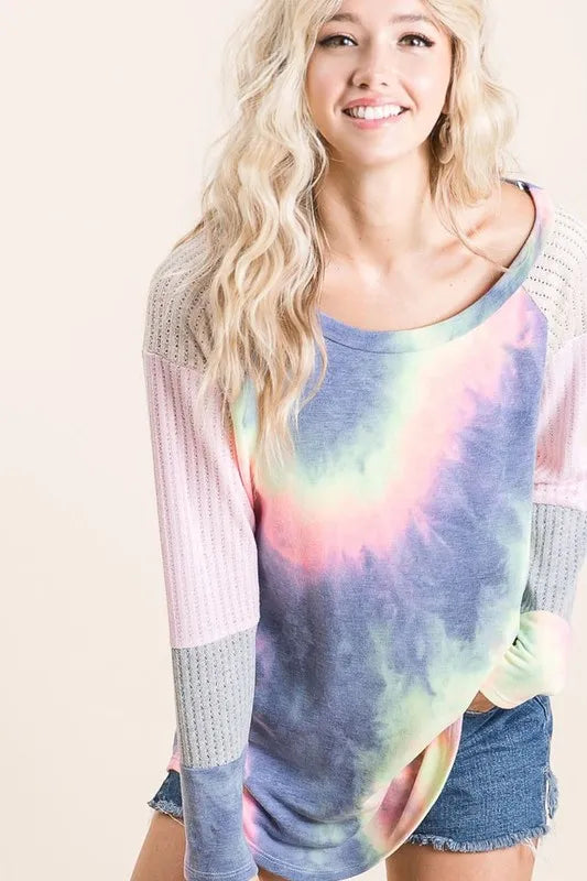 BiBi Tie Dye Terry Top With Color Block Pointelle Knit Tops