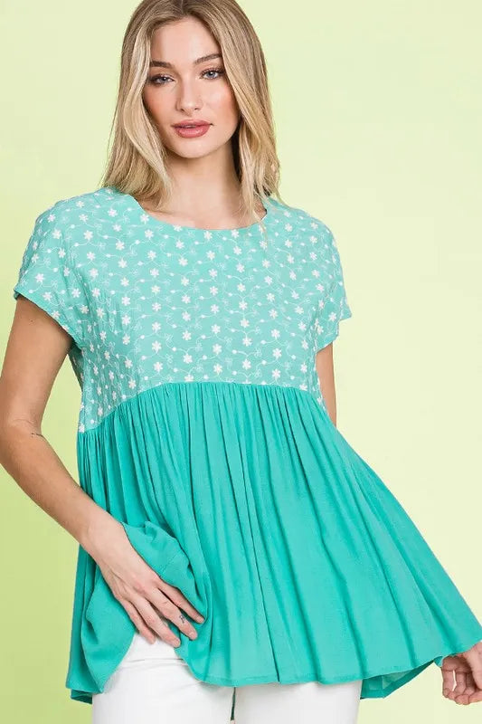Lime 'N' Chili Full Size Embroidered Short Sleeve Pleated Babydoll Top Plus Size | Tops Daverri Fashions