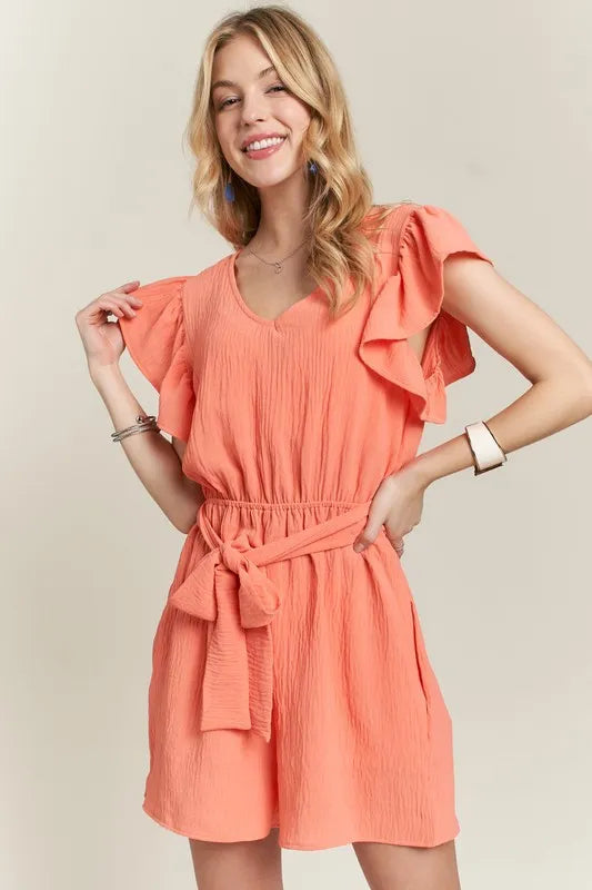 ADORA Ruffle Sleeves Romper with Pockets CORAL Rompers