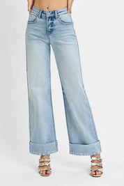 RISEN Full Size Tummy Control High Rise Ankle Wide Cuffed Jeans Plus Size | Daverri Fashions