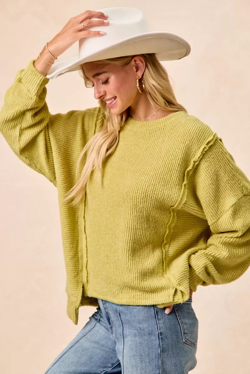 Olive-green BiBi Boucle rib knit sweater with ruffled uneven hem