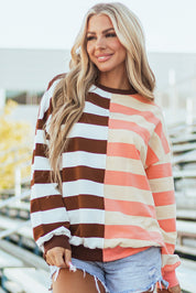 Brown Stripe 95%Cotton+5%Elastane Brown Stripe Color Block Drop Shoulder Pullover Sweatshirt | Sweatshirts Daverri Fashions
