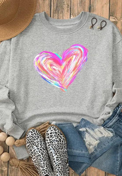 Valentine’s Day Heart Round Neck Drop Shoulder Sweatshirt - DAVERRI FASHIONS