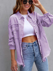 Lavender Distressed Drop Shoulder Denim Jacket | Denim Jackets Daverri Fashions