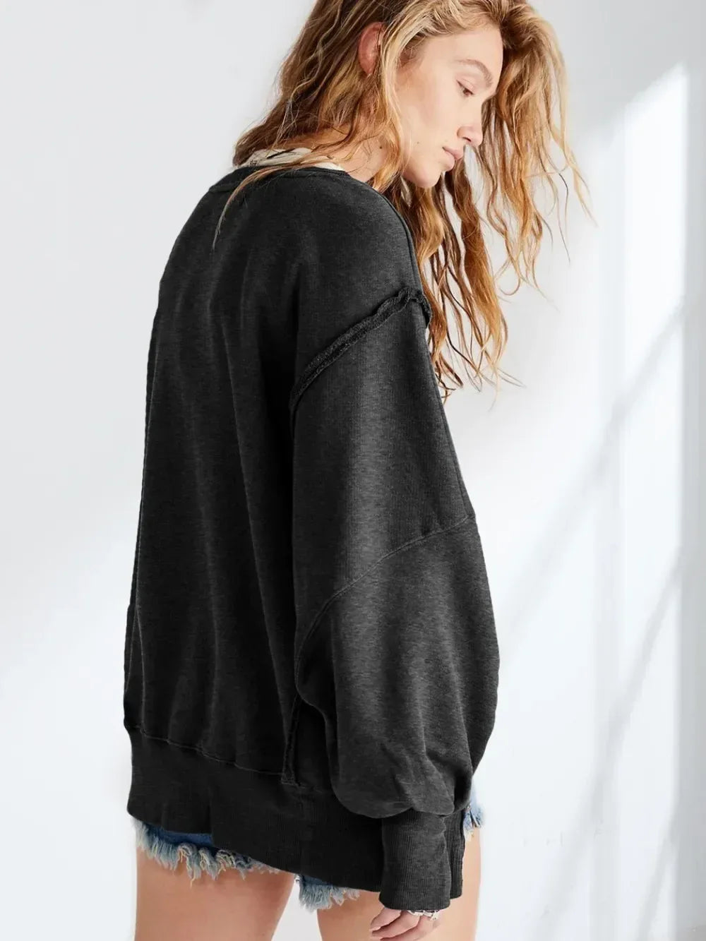 Slit Round Neck Dropped Shoulder Sweatshirt - DAVERRI FASHIONS