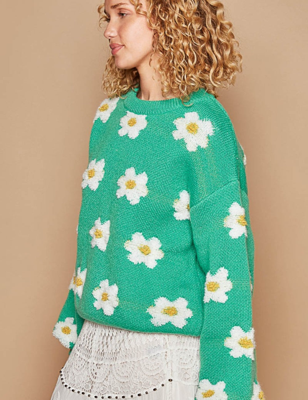 POL Daisy Pattern Drop Shoulder Sweater