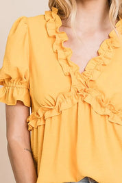Lime 'N' Chili Solid Ruffled Deep V-Neck Puff Sleeve Babydoll Top | Tops Daverri Fashions