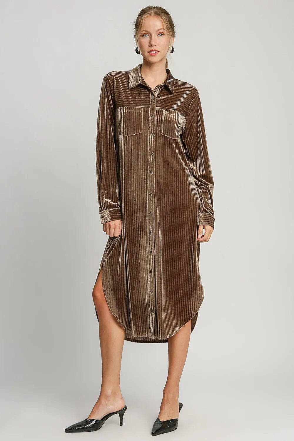Umgee Texture Curved Hem Button Down Shirt Dress | Daverri Fashions
