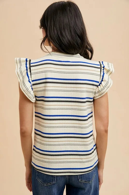 Annie Wear Multi Stripe Ruffle Sleeve Textured Knit Top