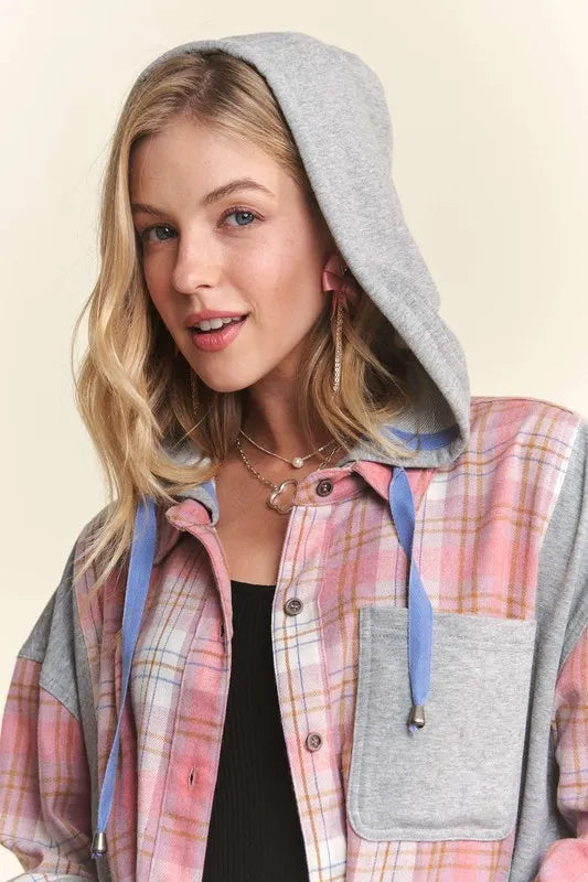 ADORA Button Down Plaid Hoodie Shacket Shackets