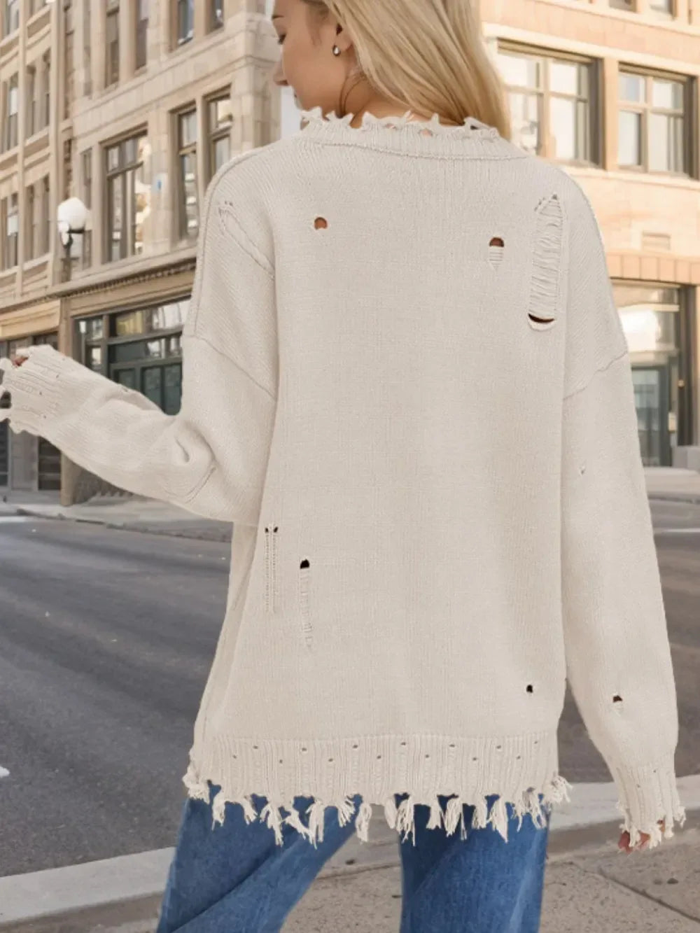 US Flag Distressed Round Neck Long Sleeve Sweater - DAVERRI FASHIONS