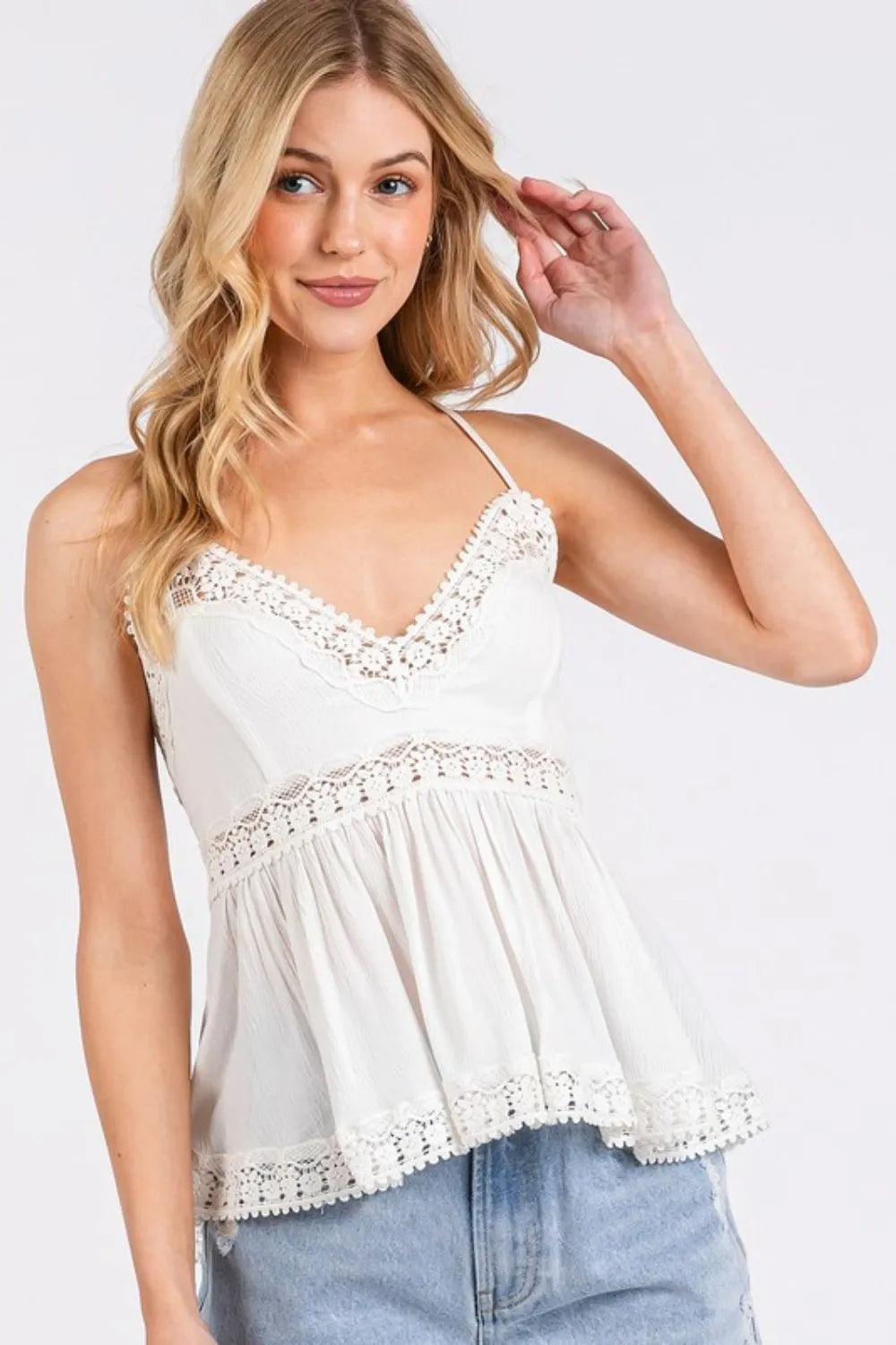 White lace-trimmed Mittoshop crisscross back V-neck cami with crochet peplum