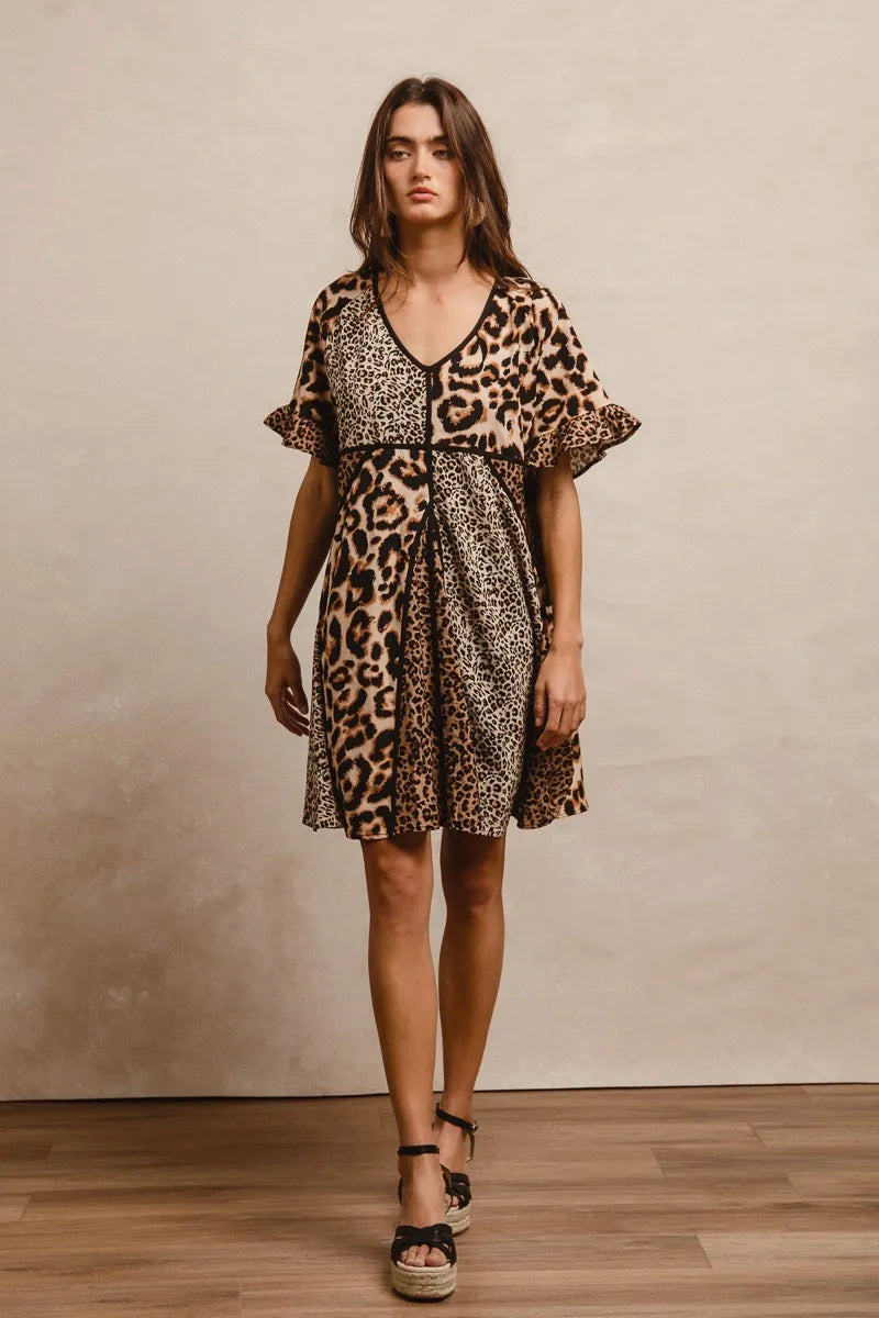 BiBi Leopard Prints Mix and Match Short Sleeves Dress Mini Dresses