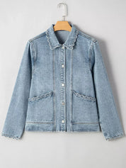 Scallop Trim Collar Patched Pocket Button Up Denim Jacket - DAVERRI FASHIONS