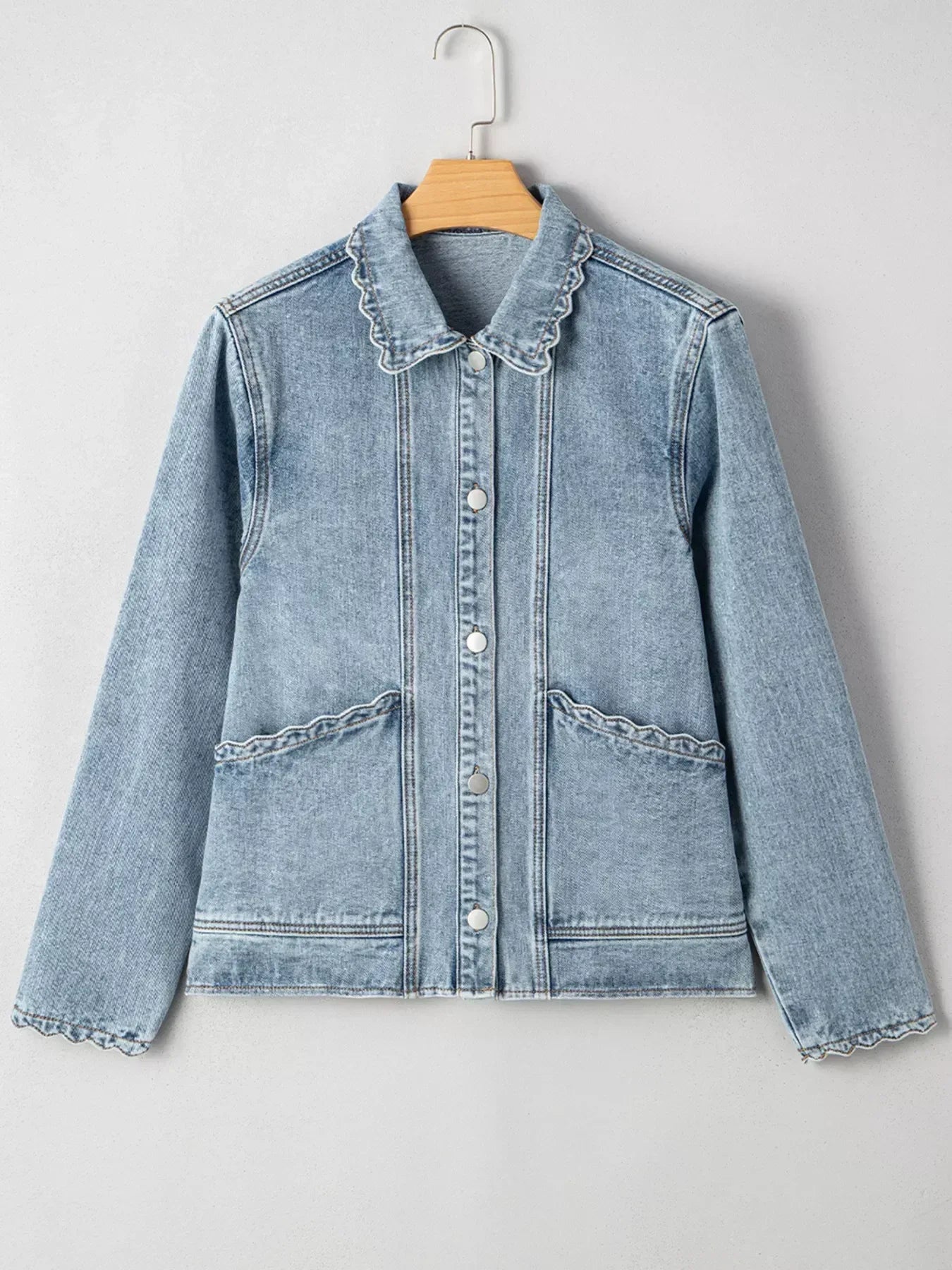 Scallop Trim Collar Patched Pocket Button Up Denim Jacket - DAVERRI FASHIONS
